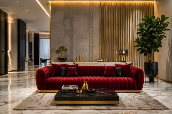 A modern red sofa set serves as a grand centerpiece in a high-end luxury living room.