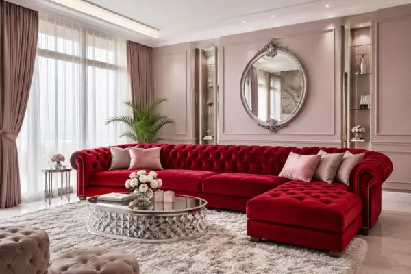 A luxury tufted red velvet sectional sofa against soft pink wall panels.