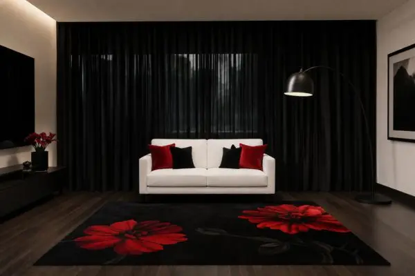 A compact small white two-seater studio sofa centered on a black floral rug with red accents.