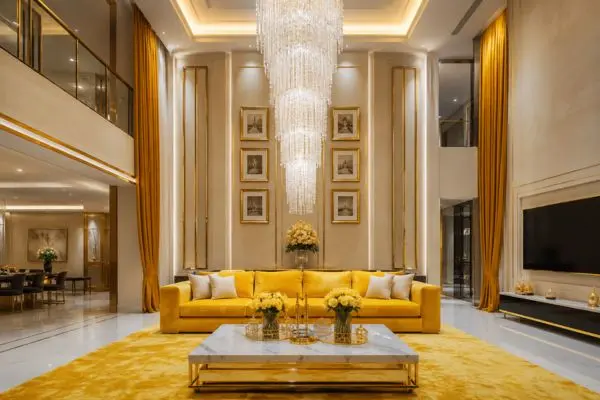 Symmetrical luxury living room with a grand crystal chandelier and a centerpiece yellow sofa