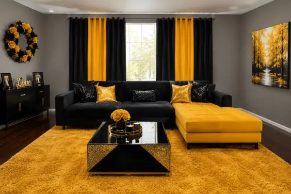Charcoal black and mustard yellow contemporary seating setup on a bright shag rug.