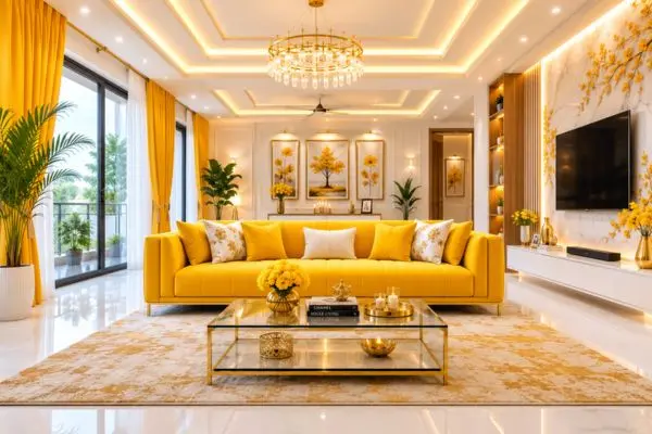 Vibrant yellow sofa paired with modern white and gold color combinations in a luxury room
