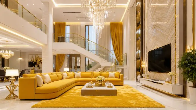 Luxurious modern living room interior featuring a large centerpiece yellow sofa
