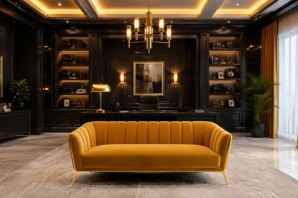 Modern mustard yellow velvet sofa seating styled against deep black cabinetry.