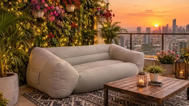 A modern grey inflatable air sofa placed on a luxury balcony garden during sunset.