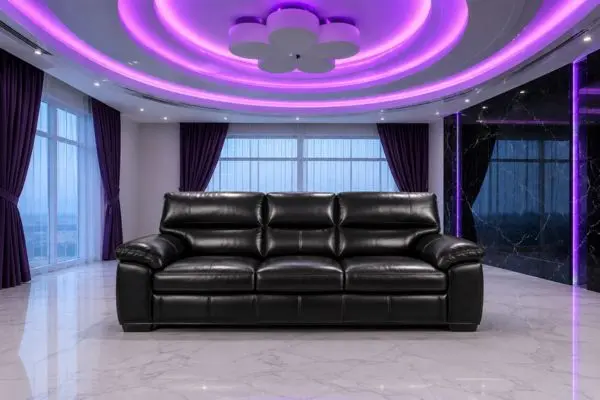 Glossy black luxury sofa cleaning reference and modern purple room design inspiration