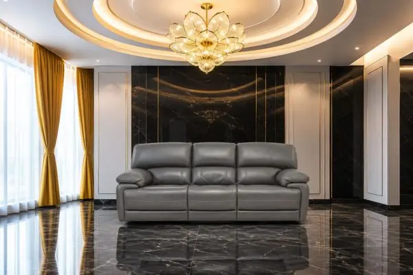 Elegant grey luxury sofa layout and modern yellow curtains interior design inspiration