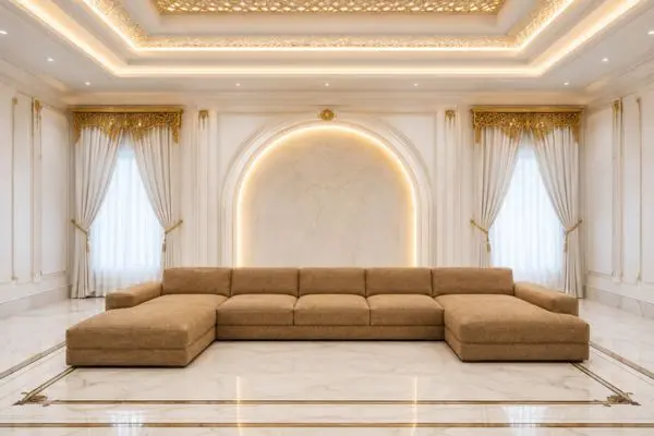 Luxury white low-profile layout highlighting a stylish Ashley Furniture Couch design.