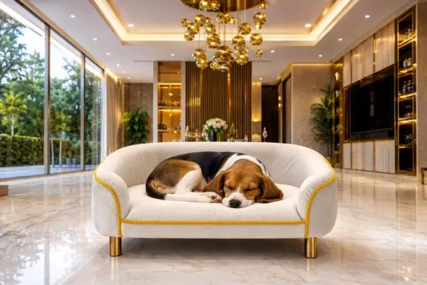 A tri-color Beagle puppy sleeping peacefully on a plush white miniature couch with vibrant yellow trimming.