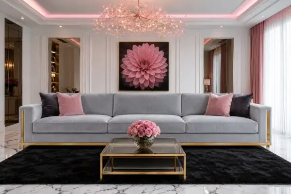 A single grey velvet couch with gold base on a black rug in a luxury living room.