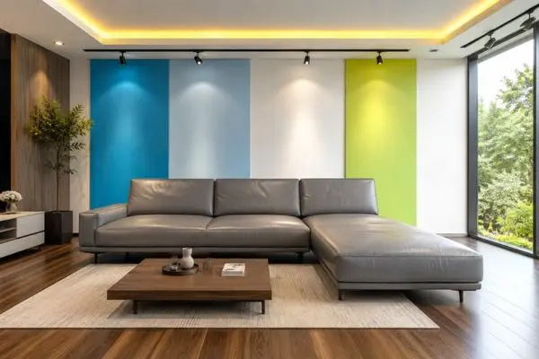 Sleek gray leather chaise sofa centered on a textured rug in a living room with blue and green wall panels.