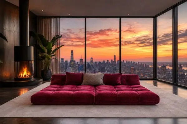A single magenta red velvet floor sofa centered in a luxury penthouse living room at sunset.