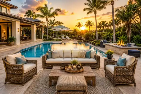Premium set sofas exterior arrangement with a fire pit and pool view.