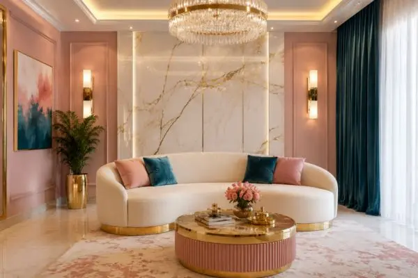 A modern cream small curved sofa styled with pink and teal pillows in a luxury room.