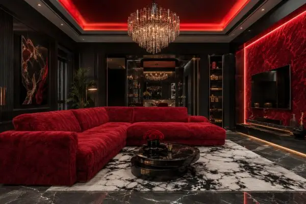 A luxury deep red furry teddy sofa in a modern black and red themed living room