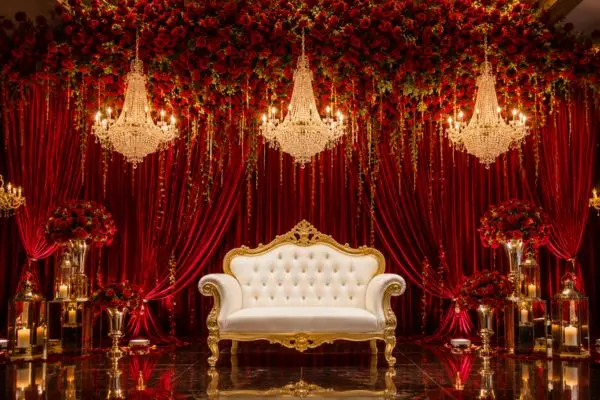 Royal wedding loveseat sofa on a luxury red and gold stage backdrop with chandeliers.
