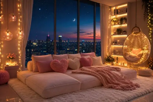 A cozy pink and white low-profile seating arrangement centered in a magical starry night bedroom with fairy lights.