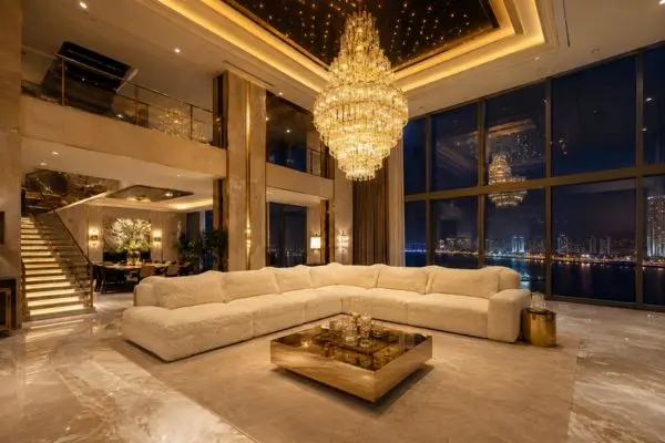 A large cream corner sectional seating arrangement in a luxurious multi-level penthouse apartment