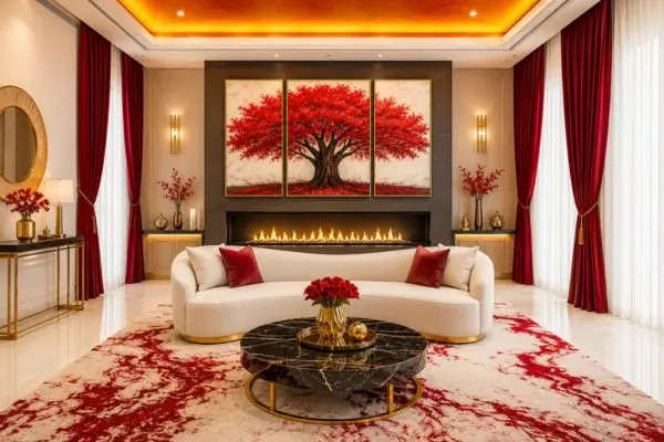A single cream small curved sofa in a brightly lit luxury living room with red tree wall art.