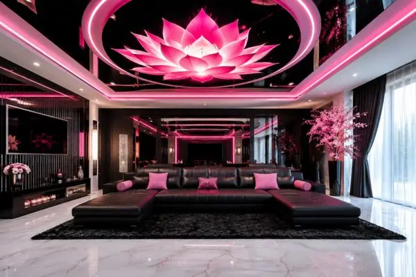 Symmetrical modern black leather sectional seating under a glowing neon pink ceiling.