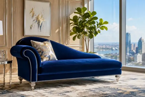 Royal blue velvet chaise lounge daybed with silver studs in a luxury penthouse interior.
