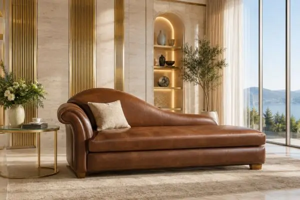 Luxury chestnut brown leather daybed couch in a premium room with fluted stone walls.