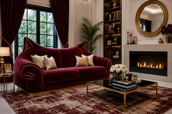 Cozy burgundy velvet cat shaped couch with golden whiskers accents near a modern fireplace.
