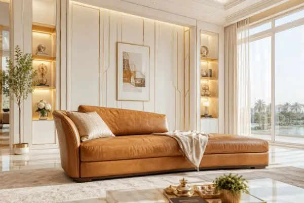 Camel leather chaise lounge daybed in a luxury living room with gold wall panels.