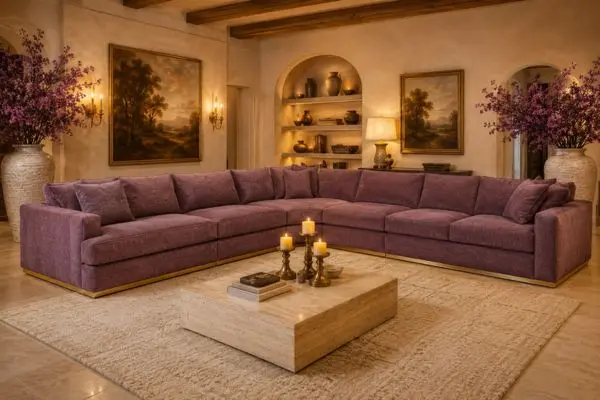 A single mauve purple sectional couch with cushions on a cream rug in a warm luxury room.