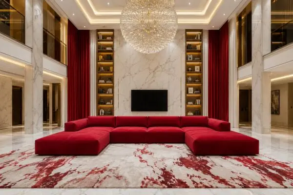 Vibrant red velvet sectional structure care guide for an Ashley Furniture Couch.