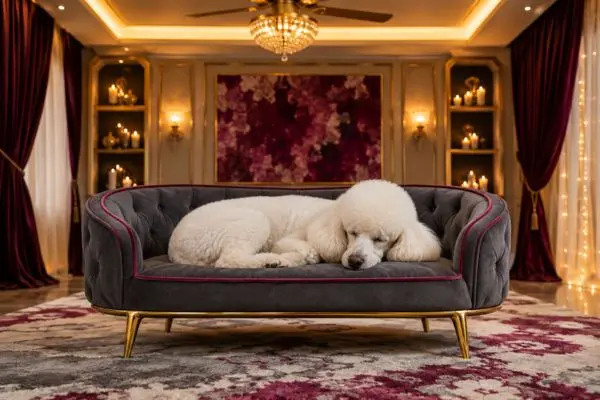 An adult pure white Standard Poodle sleeping soundly inside a luxury room with deep maroon curtains and candle shelves.