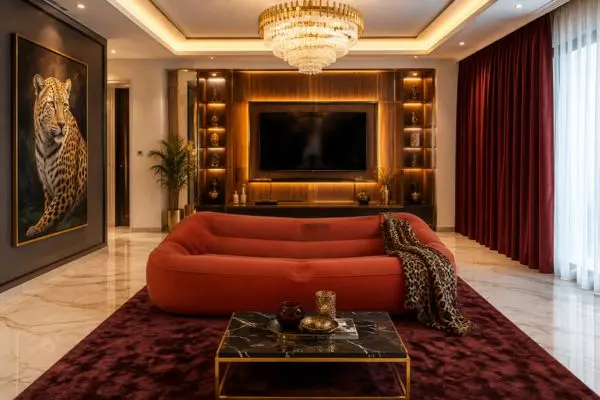A premium terracotta inflatable couch with a leopard print blanket in a luxury living room.