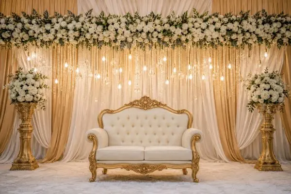 Ivory wedding loveseat sofa on a classic gold and cream stage background with crystal hanging lights.