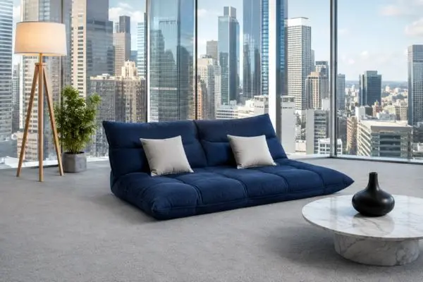 Navy blue modern floor couch placed neatly on a light grey carpet inside a pristine luxury penthouse.