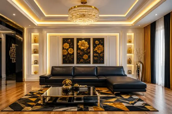 Luxury black contemporary seating option arranged on a striking black and gold geometric rug under a crystal chandelier.