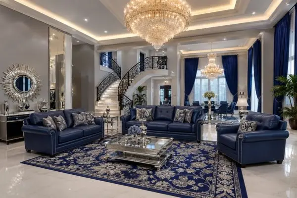 A complete luxury royal blue matte leather multi-piece seating arrangement displayed inside a grand living area.