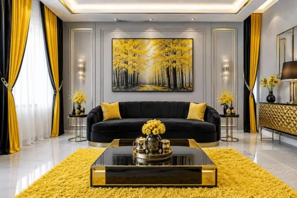 A modern black velvet rounded couch styled with yellow pillows in a luxury grey living room.