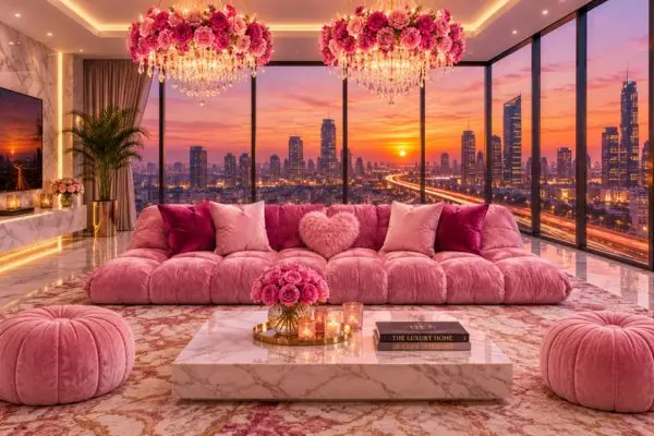 A single luxury pink velvet low-profile seating arrangement centered under floral chandeliers at sunset.