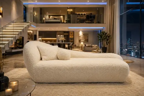 An ivory lounge seating option in a high-angle modern smart penthouse layout