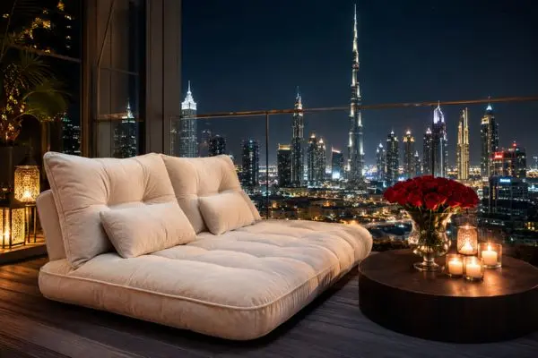 Cream lazy floor sofa on a luxury balcony terrace with red roses and a night city view.