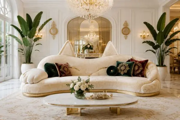 Elegant cream velvet cat shaped couch with built-in ear contours and gold trim in a royal living room.