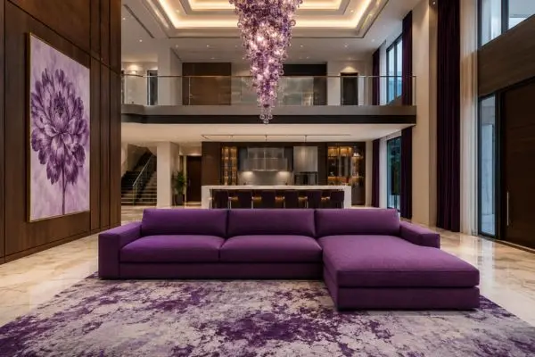 Modern purple sectional seating design in a luxury symmetrical living room interior.