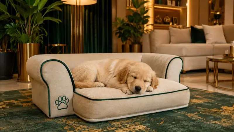 A golden retriever puppy sleeping on a beige luxury dog sleeping sofa with emerald green trim.