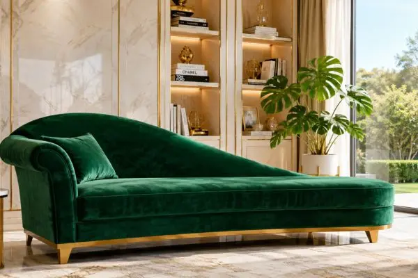 Emerald green velvet chaise lounge sofa in a luxury modern living room with marble walls.