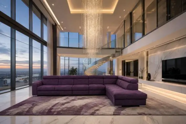 A deep purple L-shaped sectional Flexsteel sofa in a luxury high-ceiling penthouse.