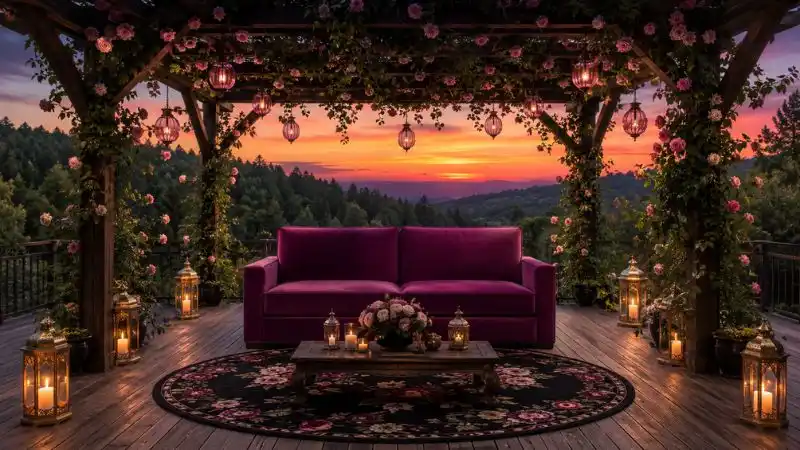 A single luxury magenta velvet Flexsteel sofa under a floral garden pergola at sunset.