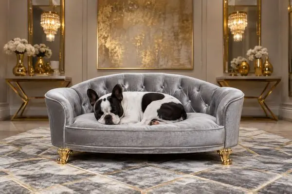 A black and white patched French Bulldog sleeping peacefully on a tufted silver grey velvet dog sleeping sofa.