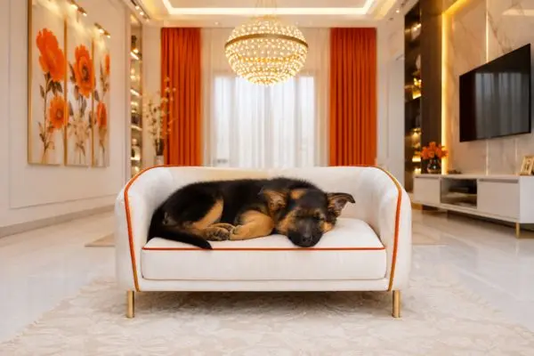 A black and tan German Shepherd resting soundly on a plush white base with orange piping.