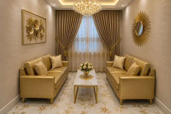 Two compact golden metallic sofas arranged neatly inside a narrow small flat living room with patterned flooring.