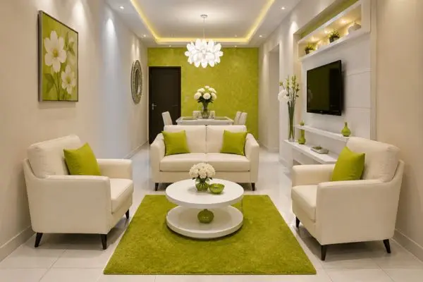 Three pieces of compact cream and lime green sofas arranged neatly inside a narrow small flat living room layout.
